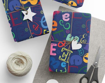 Letter E Wrapping Paper Colorful Alphabet Gift Wrap Navy Blue Typography Pattern Personalized Initial Housewarming Hostess Party Favor Name