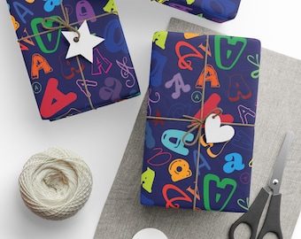 Letter A Wrapping Paper Colorful Alphabet Gift Wrap Navy Blue Typography Pattern Initial Teacher Gift Classroom Party Favor Name