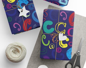 Letter C Wrapping Paper Colorful Alphabet Gift Wrap Navy Blue Typography Pattern Initial Everyday Gift Wrap Birthday Party Favor