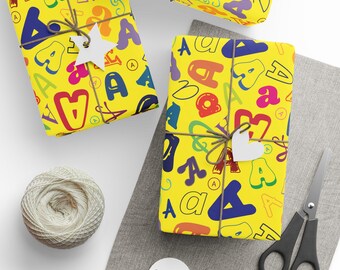 Letter A Wrapping Paper Colorful Alphabet Gift Wrap Yellow Typography Pattern Personalized Initial Birthday Baby Shower Kids Rainbow Name