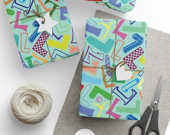 Letter L Wrapping Paper Colorful Alphabet Gift Wrap Seafoam Typography Pattern Personalized Initial Housewarming Hostess Party Favor Name