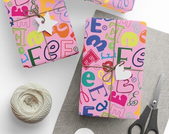 Letter E Wrapping Paper Colorful Alphabet Gift Wrap Pink Typography Pattern Personalized Initial Everyday Gift Wrap Birthday Party Favor