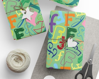 Letter F Wrapping Paper Colorful Alphabet Gift Wrap Light Green Typography Pattern Initial Birthday Baby Shower Kids Rainbow Name