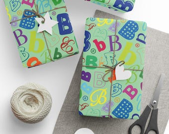 Letter B Wrapping Paper Colorful Alphabet Gift Wrap Light Green Typography Pattern Initial Everyday Gift Wrap Birthday Party Favor
