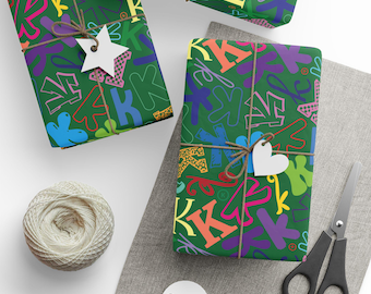 Letter K Wrapping Paper Colorful Alphabet Gift Wrap Dark Green Typography Pattern Initial Birthday Baby Shower Kids Rainbow Name