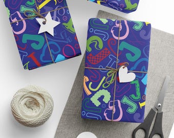 Letter J Wrapping Paper Colorful Alphabet Gift Wrap Deep Blue Typography Pattern Personalized Initial Housewarming Hostess Party Favor Name