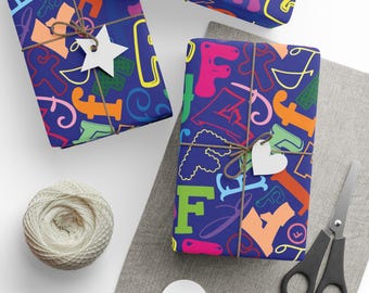 Letter F Wrapping Paper Colorful Alphabet Gift Wrap Deep Blue Typography Pattern Initial Teacher Gift Classroom Party Favor Name