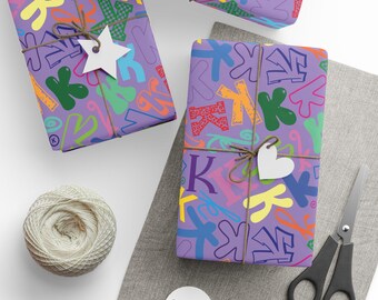 Letter K Wrapping Paper Colorful Alphabet Gift Wrap Purple Typography Pattern Personalized Initial Nursery Decor Playroom Kids Room Name