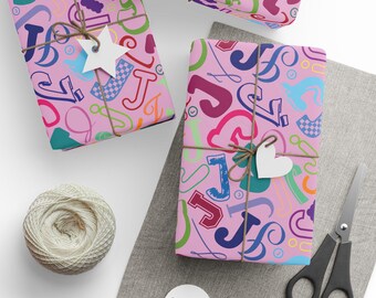 Letter J Wrapping Paper Colorful Alphabet Gift Wrap Pink Typography Pattern Personalized Initial Everyday Gift Wrap Birthday Party Favor