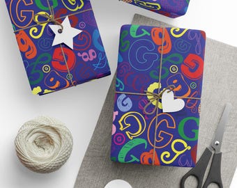Letter G Wrapping Paper Colorful Alphabet Gift Wrap Deep Blue Typography Pattern Personalized Initial Birthday Baby Shower Kids Rainbow Name