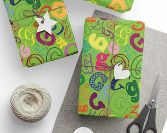 Letter G Wrapping Paper Colorful Alphabet Gift Wrap Green Typography Pattern Personalized Initial Everyday Gift Wrap Birthday Party Favor