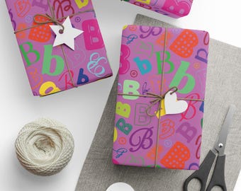 Letter B Wrapping Paper Colorful Alphabet Gift Wrap Mauve Pink Typography Pattern Personalized Initial Housewarming Hostess Party Favor Name