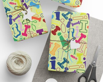 Letter I Wrapping Paper Colorful Alphabet Gift Wrap Lime Green Typography Pattern Personalized Initial Housewarming Hostess Party Favor Name