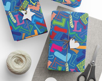 Letter L Wrapping Paper Colorful Alphabet Gift Wrap Turquoise Typography Pattern Personalized Initial Birthday Baby Shower Kids Rainbow Name