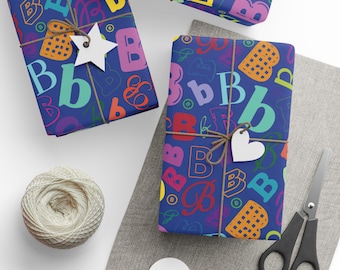 Letter B Wrapping Paper Colorful Alphabet Gift Wrap Navy Blue Typography Pattern Personalized Initial Birthday Baby Shower Kids Rainbow Name