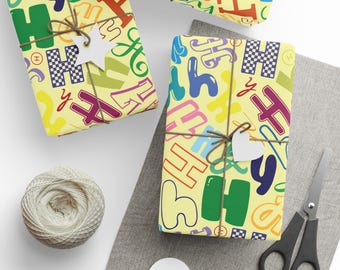 Letter H Wrapping Paper Colorful Alphabet Gift Wrap Light Yellow Typography Pattern Initial Teacher Gift Classroom Party Favor Name