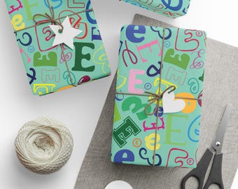Letter E Wrapping Paper Colorful Alphabet Gift Wrap Light Green Typography Pattern Initial Teacher Gift Classroom Party Favor Name