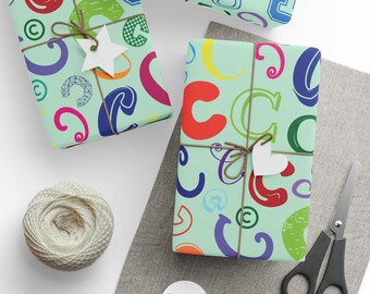 Letter C Wrapping Paper Colorful Alphabet Gift Wrap Light Green Typography Pattern Initial Nursery Decor Playroom Kids Room Name