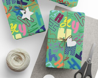 Letter H Wrapping Paper Colorful Alphabet Gift Wrap Green Typography Pattern Personalized Initial Nursery Decor Playroom Kids Room Name