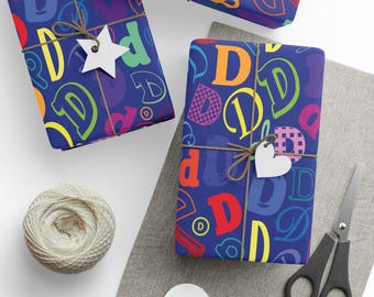 Letter D Wrapping Paper Colorful Alphabet Gift Wrap Navy Blue Typography Pattern Personalized Initial Nursery Decor Playroom Kids Room Name