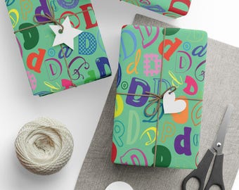Letter D Wrapping Paper Colorful Alphabet Gift Wrap Green Typography Pattern Personalized Initial Housewarming Hostess Party Favor Name