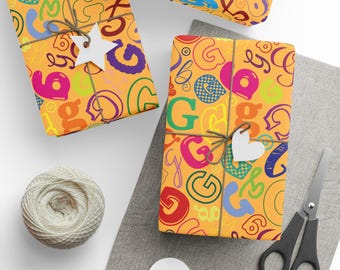 Letter G Wrapping Paper Colorful Alphabet Gift Wrap Orange Typography Pattern Personalized Initial Housewarming Hostess Party Favor Name