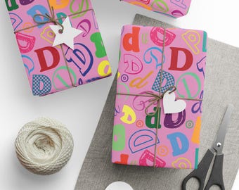 Letter D Wrapping Paper Colorful Alphabet Gift Wrap Pink Typography Pattern Personalized Initial Birthday Baby Shower Kids Rainbow Name
