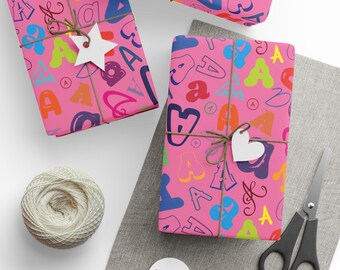 Letter A Wrapping Paper Colorful Alphabet Gift Wrap Pink Typography Pattern Personalized Initial Nursery Decor Playroom Kids Room Name