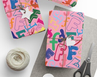Letter F Wrapping Paper Colorful Alphabet Gift Wrap Pink Typography Pattern Personalized Initial Nursery Decor Playroom Kids Room Name