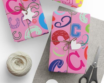 Letter C Wrapping Paper Colorful Alphabet Gift Wrap Pink Typography Pattern Personalized Initial Teacher Gift Classroom Party Favor Name