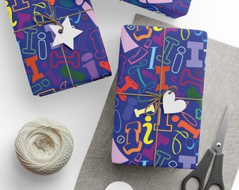 Letter I Wrapping Paper Colorful Alphabet Gift Wrap Deep Blue Typography Pattern Personalized Initial Nursery Decor Playroom Kids Room Name