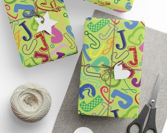 Letter J Wrapping Paper Colorful Alphabet Gift Wrap Light Green Typography Pattern Initial Teacher Gift Classroom Party Favor Name