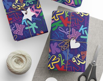 Letter K Wrapping Paper Colorful Alphabet Gift Wrap Navy Blue Typography Pattern Initial Teacher Gift Classroom Party Favor Name