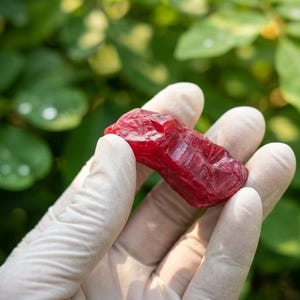 May include: A raw, deep red gemstone with a faceted, irregular surface texture. The stone displays a translucent quality and is held between fingers covered by a white latex glove, showcasing its vibrant crimson color and natural crystalline structure.