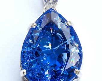 Colgante de zafiro azul natural de 44–48 quilates con gema en forma de pera en plata de ley 925 / Joyería de zafiro azul certificada