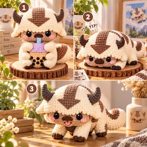 Può includere: Un peluche all'uncinetto fatto a mano che raffigura un bisonte in filato color crema e marrone, con una freccia marrone scuro sulla testa, occhi neri e guance rosa. Una versione tiene in mano una tazza di tè boba viola, l'altra mostra il testo YIP YIP.