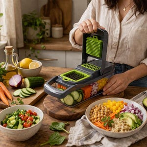 May include: A gray and green vegetable chopper with a clear container filled with chopped vegetables. Bowls of salad, ingredients like carrots, cucumbers, and lemons, and a bowl of prepared salad are on a wooden surface.