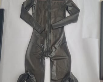 Gray coffee colored natural latex tight fitting jumpsuit for men and women, semi transparent ankle joint