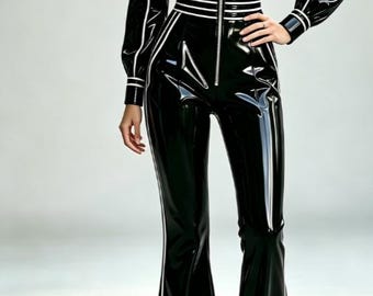 0.6mm black natural latex women's jacket casual jumpsuit