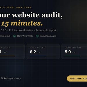 Op de afbeelding: Donkere achtergrond met tekst: "Uw website audit, in 15 minuten." Hieronder SEO-statistieken: SEO Health 7.5/10, Paginasnelheid 6.2/10 en Conversie 5.9/10. De tekst "Get the Audit" staat in een gouden knop.