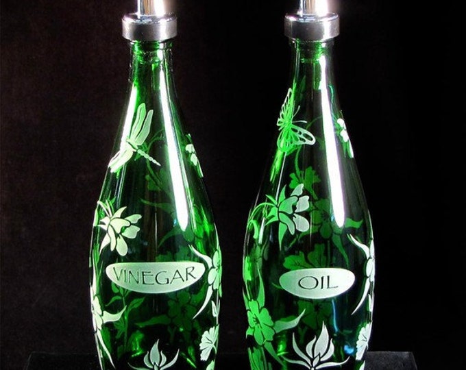 Large Oil and Vinegar Bottles Cruet Set Etched Glass Green Etsy