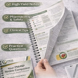 May include: A spiral-bound study guide with the text "Your PMHNP Review Companion" and "High-Yield Notes." The pages are being turned to reveal detailed notes and diagrams. The image also includes the text "Achieve Psychiatric-Expert Confidence!"