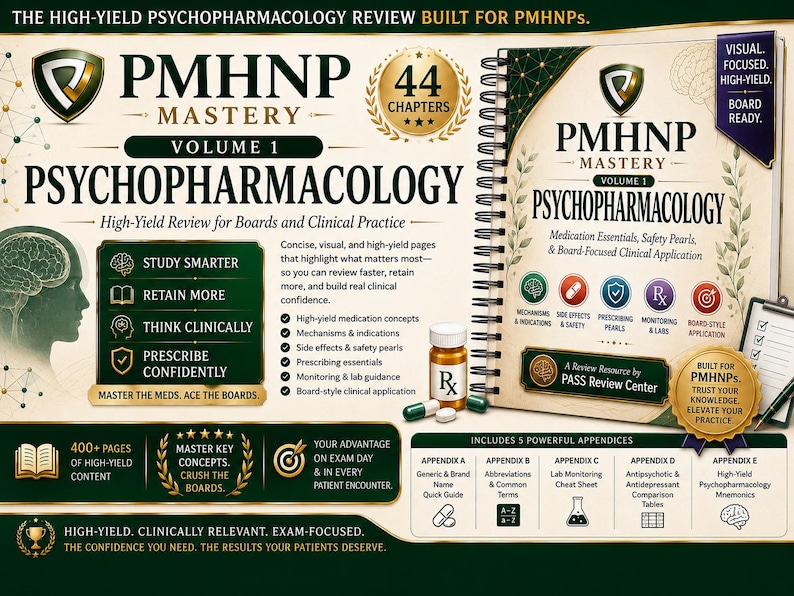 May include: A spiral-bound book titled PMHNP Mastery Volume 1 Psychopharmacology with a green and cream cover. The cover features text, icons, a pill bottle, and capsules. It highlights 44 chapters, 400+ pages, and five appendices for board review.