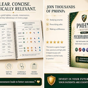 May include: A spiral-bound study guide titled PMHNP Mastery Volume 1 Psychopharmacology, featuring 44 chapters. The book displays tables on antidepressants and antipsychotics, with icons for visual learning, clinical application, and board preparation.
