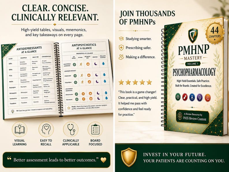 May include: A spiral-bound study guide titled PMHNP Mastery Volume 1 Psychopharmacology, featuring 44 chapters. The book displays tables on antidepressants and antipsychotics, with icons for visual learning, clinical application, and board preparation.
