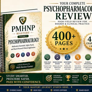 May include: A spiral-bound book titled PMHNP Mastery Volume 1 Psychopharmacology with a cream and green cover. The text includes Your Complete Psychopharmacology Review, 400+ Pages, 44 Chapters, and Study Smarter. Prescribe Safer. Pass With Confidence.