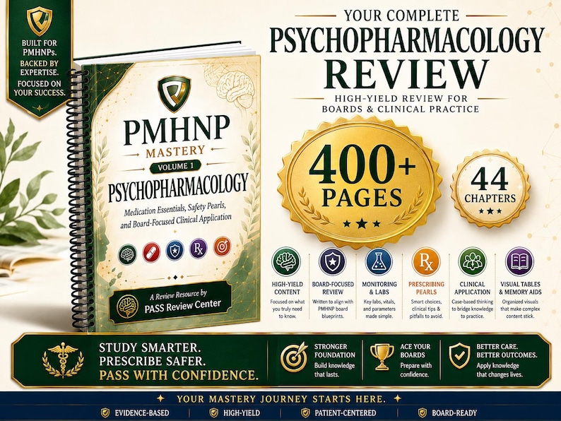 May include: A spiral-bound book titled PMHNP Mastery Volume 1 Psychopharmacology with a cream and green cover. The text includes Your Complete Psychopharmacology Review, 400+ Pages, 44 Chapters, and Study Smarter. Prescribe Safer. Pass With Confidence.