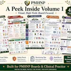 May include: A collection of five educational medical study guides titled PMHNP Mastery A Peek Inside Volume 1. The charts feature color-coded sections for Antidepressants, Emergency Psychopharm Syndromes, ADHD Medications, Anxiety, Panic, and Sleep Medications, and Antipsychotics with icons and text.