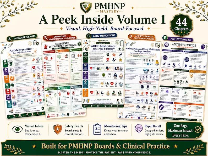 May include: A collection of five educational medical study guides titled PMHNP Mastery A Peek Inside Volume 1. The charts feature color-coded sections for Antidepressants, Emergency Psychopharm Syndromes, ADHD Medications, Anxiety, Panic, and Sleep Medications, and Antipsychotics with icons and text.