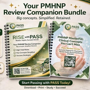 May include: A promotional image for a PMHNP Review Companion Bundle. It features two spiral-bound notebooks, one titled "RISE with PASS" and the other "PMHNP MasterFill." The image includes text about medications, practice questions, and bonus content.